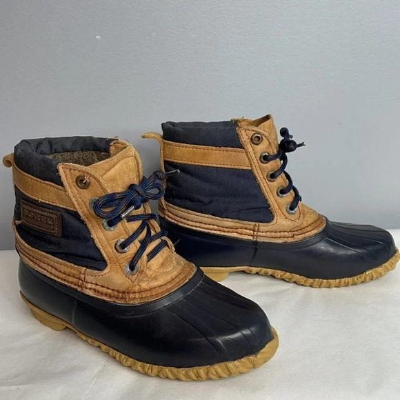 SOREL VINTAGE Duck Boots Navy Brown Leather Lined Ankle Lace Up Gorpcore Size 6 - Picture 14 of 14
